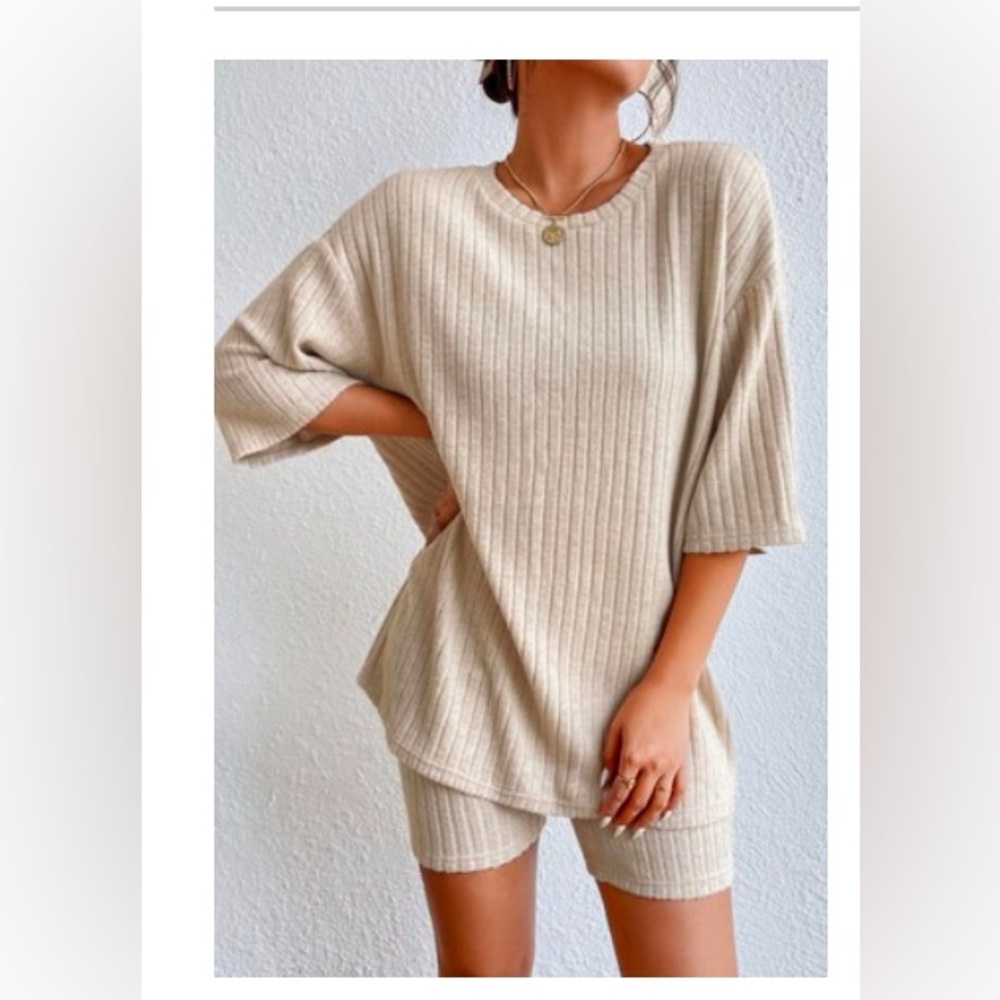 Brand New Drop Shoulder Tee/Bike Shorts Lounge Set (Tan) - SM, M, L, XL
